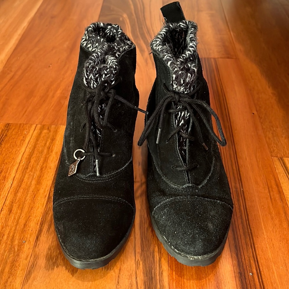 Sam & Libby Black Suede Ankle Booties with Knit Lining, Size 6 1/2